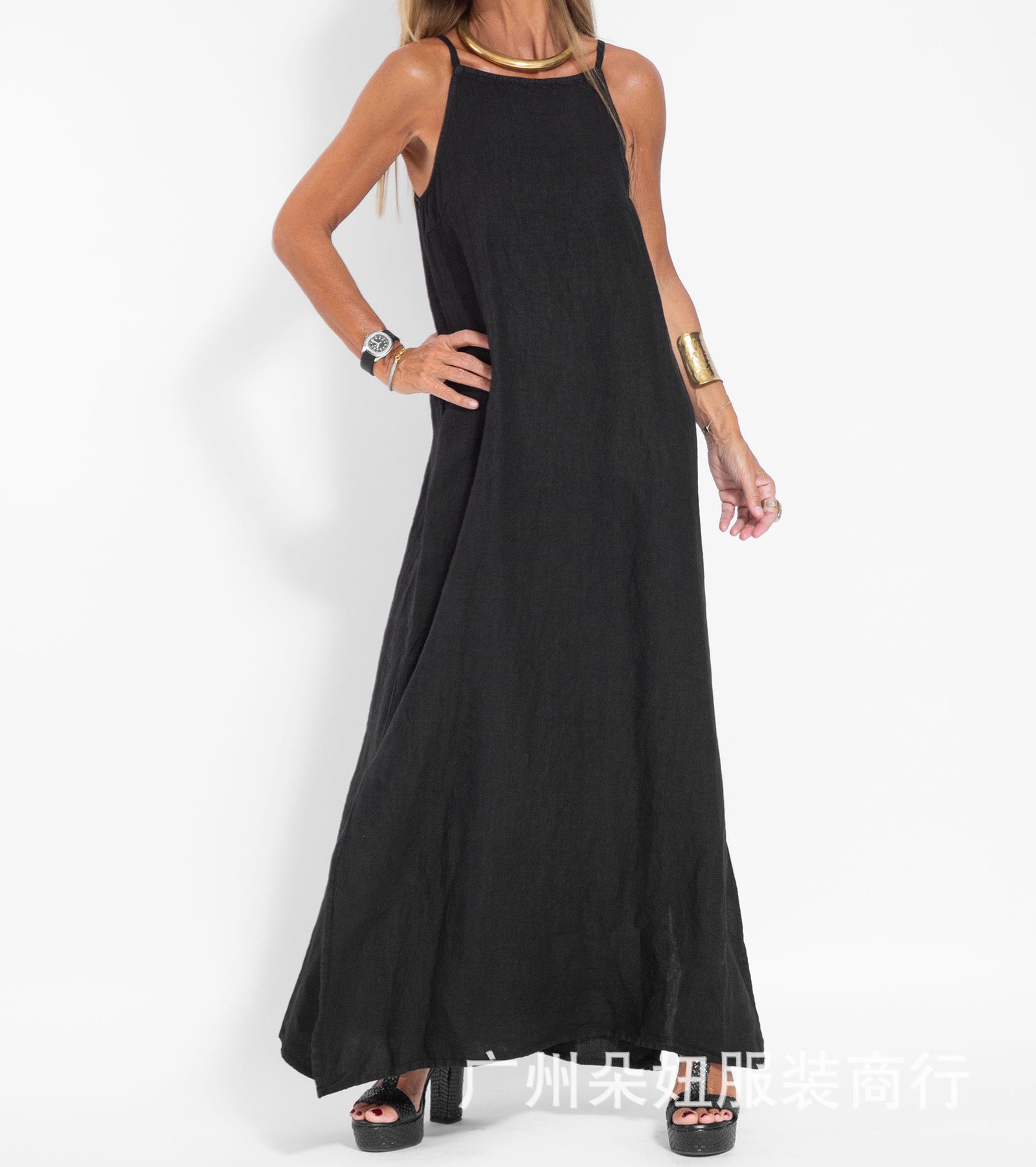cotton linen slit suspender dress 1